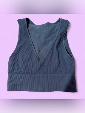 Ribbed V-Neck Crop Tank Top - Navy blue